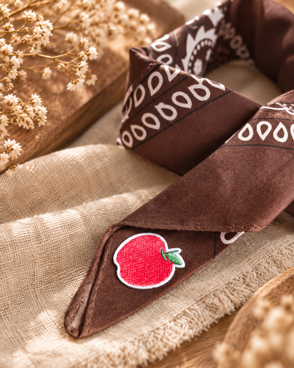 Close-up van het embleem van een rode appel op de Apple Brown kinderbandana
