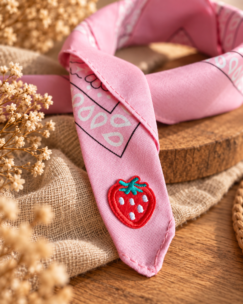 Close-up van het embleem van een rode aardbei op de Strawberry Pink kinderbandana