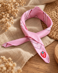 Strawberry Pink kinderbandana in roze paisley, opgevouwen met een embleem van een rode aardbei op de punt