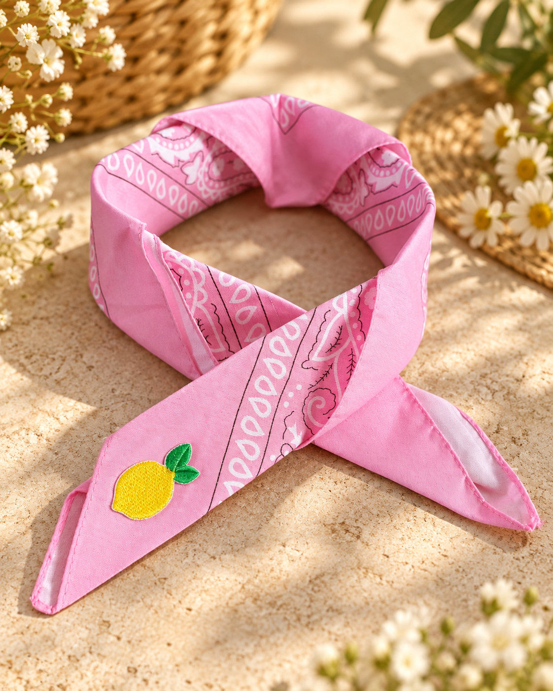 Lemon Pink kinderbandana in roze paisley, opgevouwen met een embleem van een gele citroen op de punt