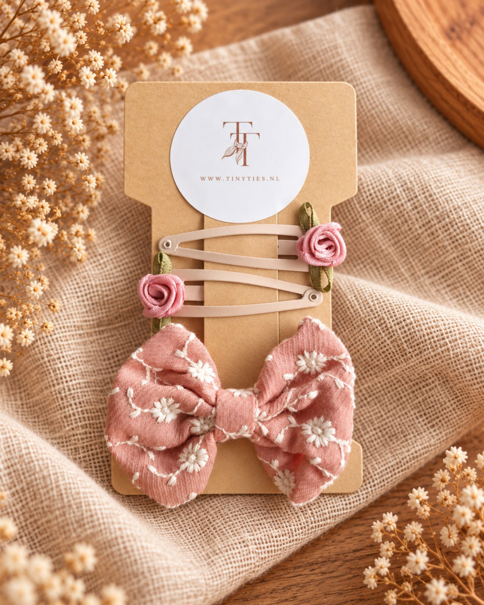 Roze Haarspeldjes & Haarstrik met Bloemen – 3-delige Set