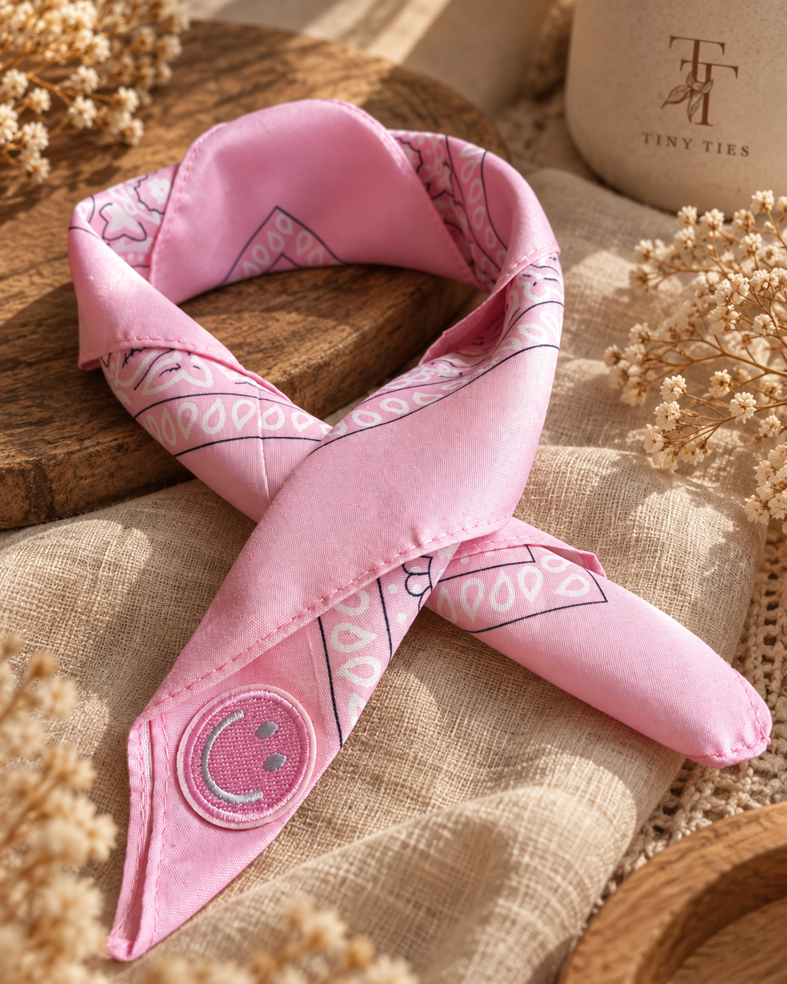 Smiley Pink kinderbandana in roze paisley, opgevouwen met een embleem van een roze smiley op de punt