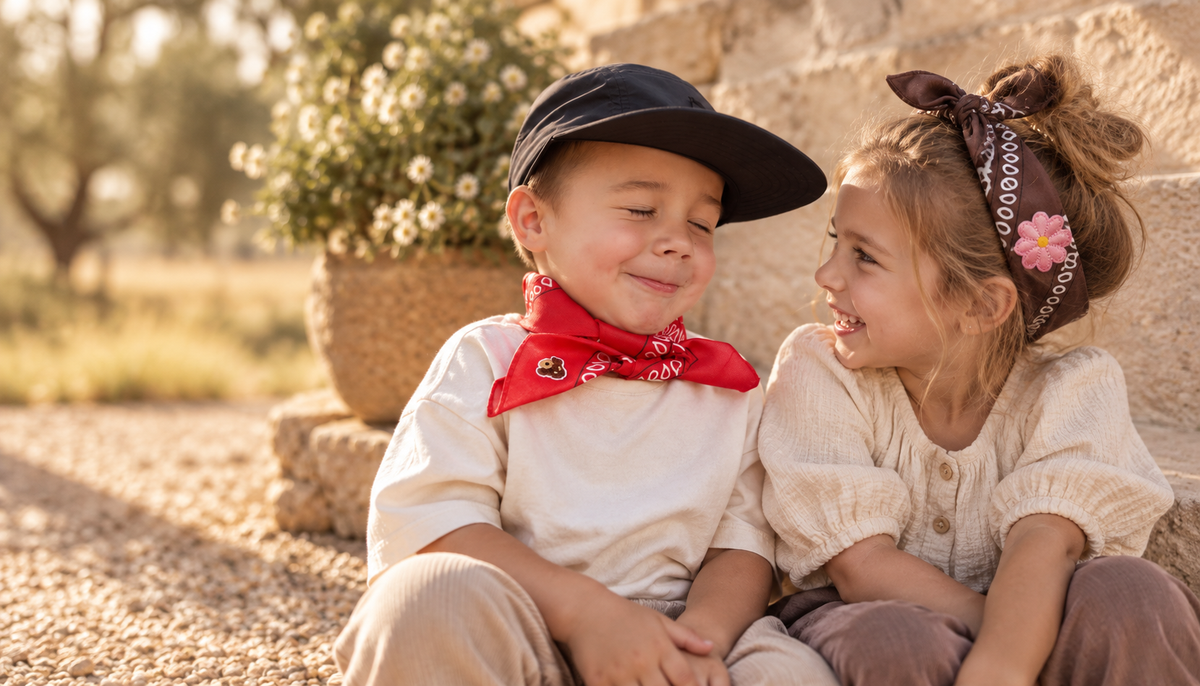 Twee kinderen zitten lachend naast elkaar in de zon; de jongen draagt een rode Tiny Ties bandana om zijn nek, het meisje een bruine bandana met bloemembleem in het haar