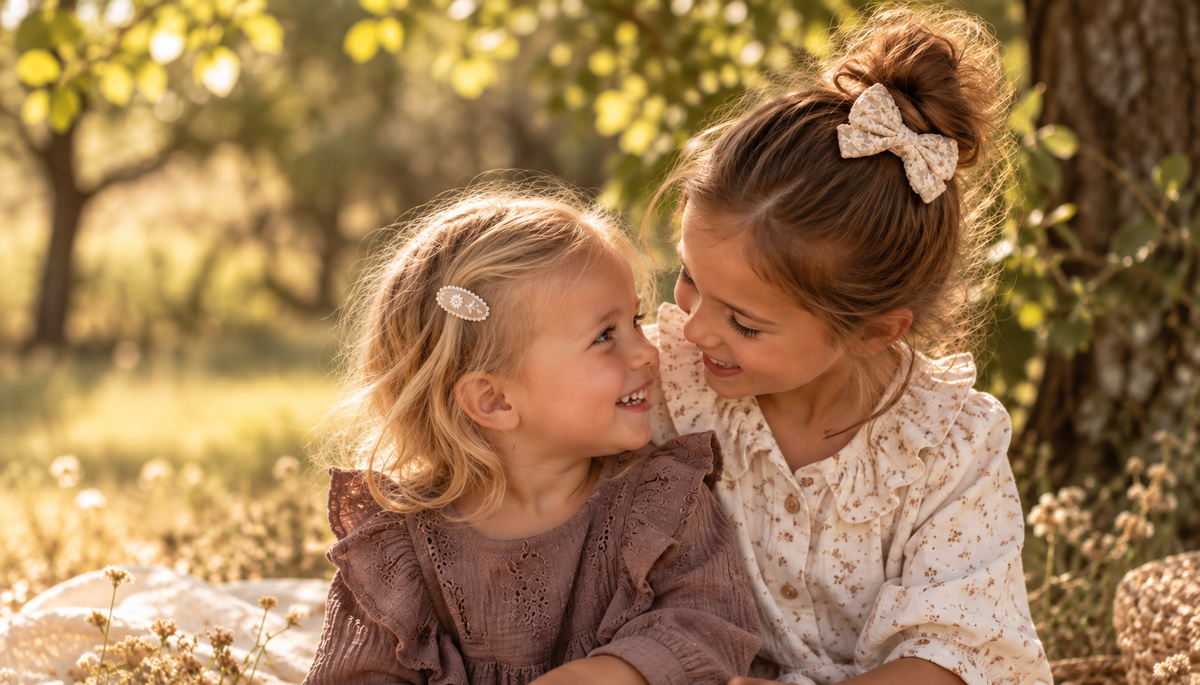 Twee meisjes zitten samen buiten; de een draagt een crèmekleurig Tiny Ties haarstrikje, de ander een bloemvormig haarspeldje