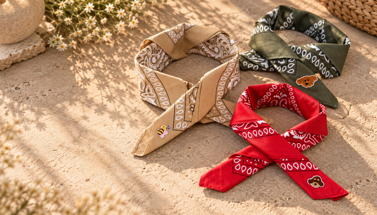 Drie Tiny Ties bandana's naast elkaar in het zonlicht, elk met een geborduurd embleem op de punt